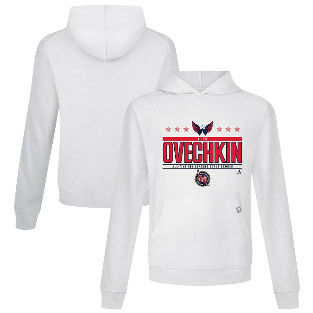 Alexander Ovechkin Washington Capitals Levelwear NHL All-Time Leading Goal Scorer Milestone Stars Name & Number Relay Pullover Hoodie White