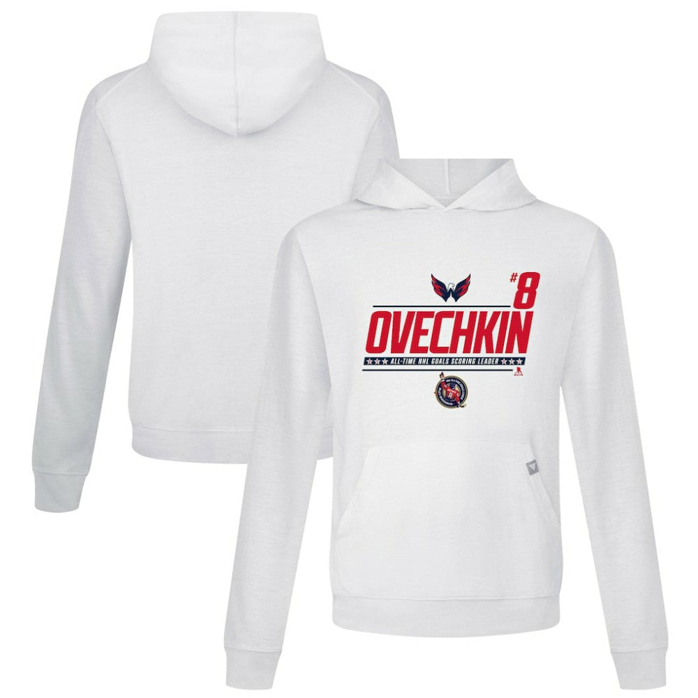 Alexander Ovechkin Washington Capitals Levelwear NHL All-Time Leading Goal Scorer Milestone Name & Number Relay Pullover Hoodie White