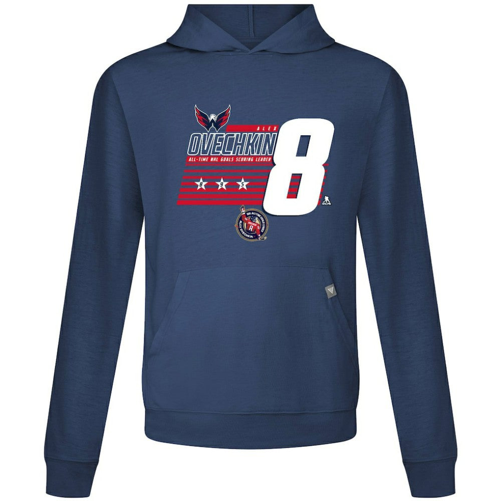 Alexander Ovechkin Washington Capitals Levelwear NHL All-Time Leading Goal Scorer Milestone Stripes Name & Number Relay Pullover Hoodie Navy