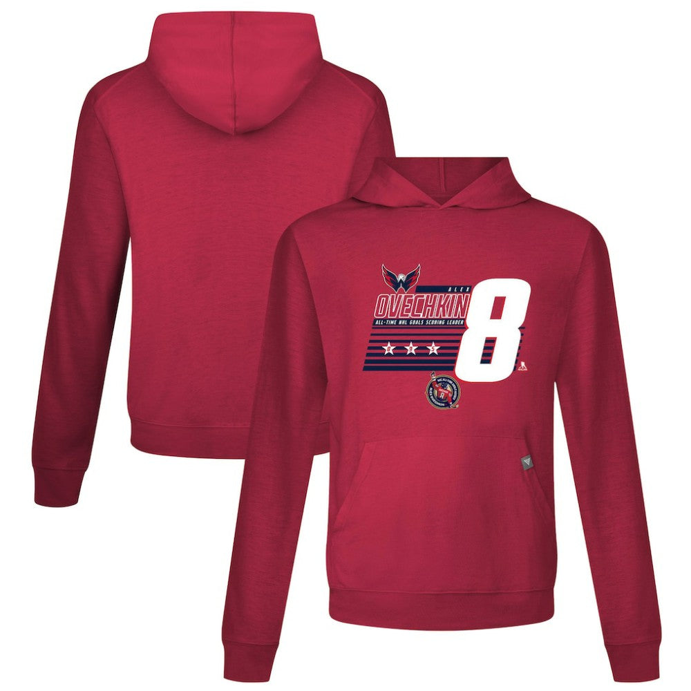 Alexander Ovechkin Washington Capitals Levelwear NHL All-Time Leading Goal Scorer Milestone Stripes Name & Number Relay Pullover Hoodie Red