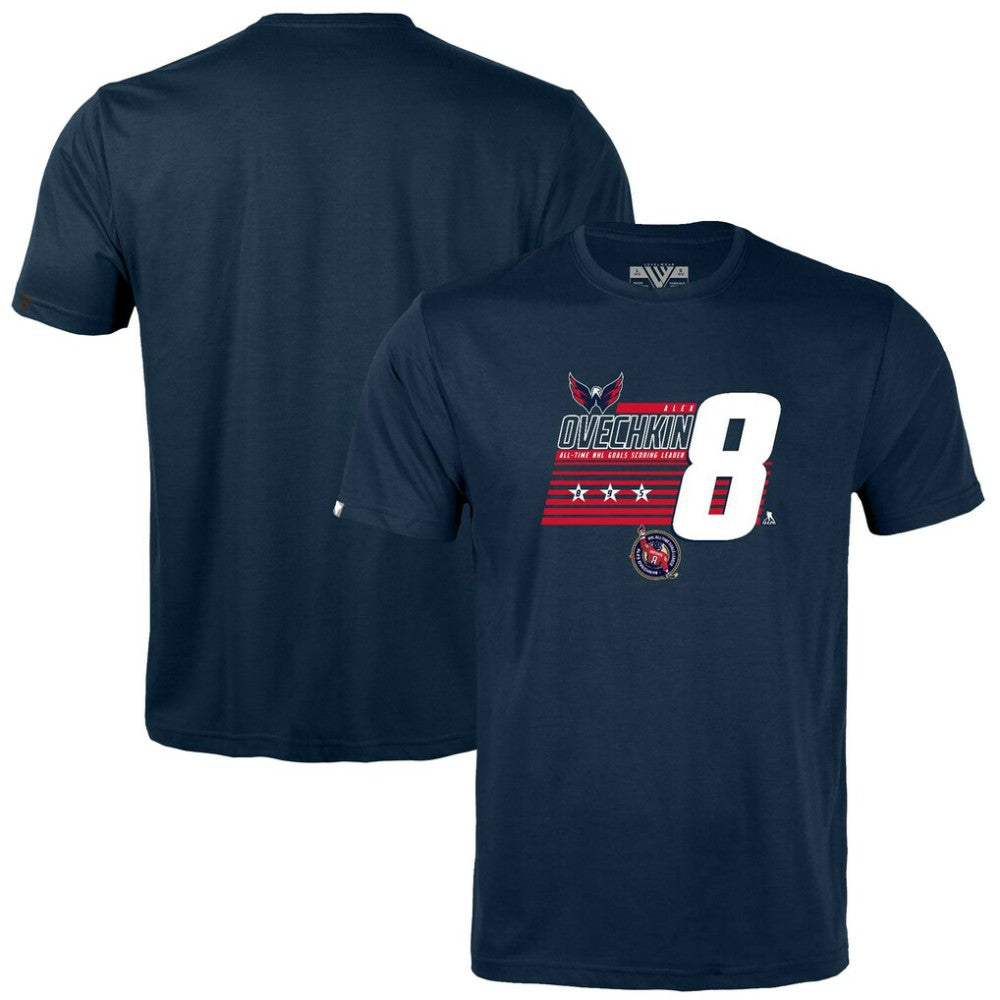 Alexander Ovechkin Washington Capitals Levelwear Youth NHL All-Time Leading Goal Scorer Milestone Stripes Name & Number Little Richmond T-Shirt Navy