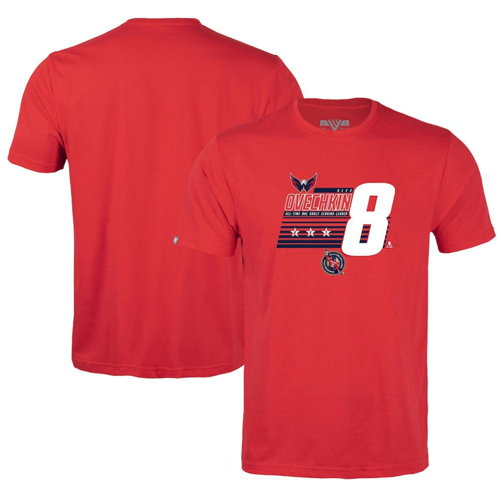 Alexander Ovechkin Washington Capitals Levelwear Youth NHL All-Time Leading Goal Scorer Milestone Stripes Name & Number Little Richmond T-Shirt Red