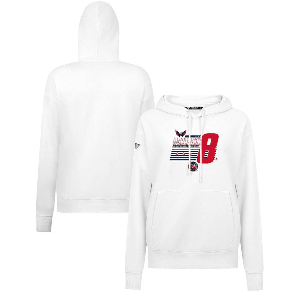 Alexander Ovechkin Washington Capitals Levelwear Women's NHL All-Time Leading Goal Scorer Milestone Stripes Name & Number Adorn Pullover Hoodie White