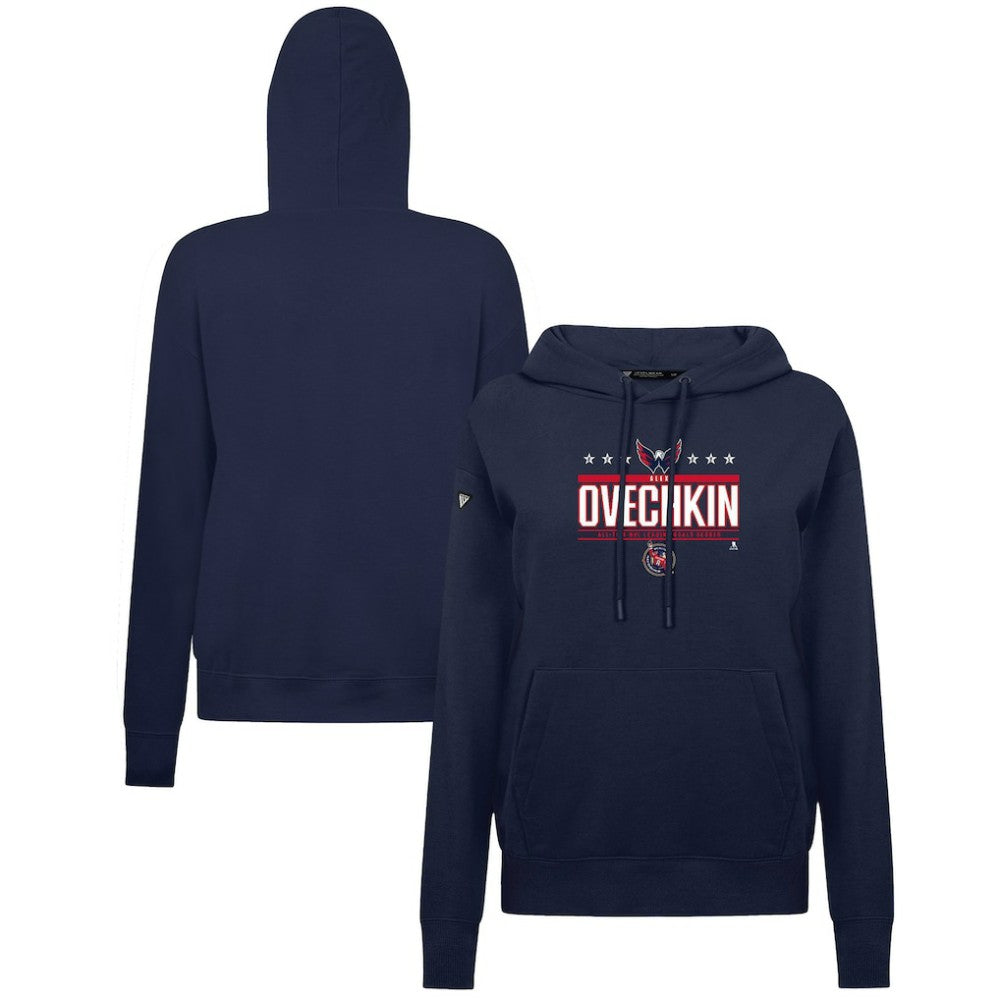 Alexander Ovechkin Washington Capitals Levelwear Women's NHL All-Time Leading Goal Scorer Milestone Stripes Name & Number Adorn Pullover Hoodie Navy