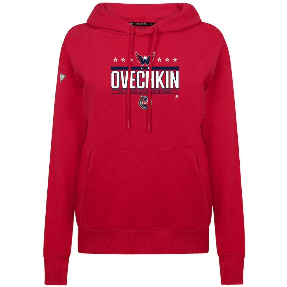 Alexander Ovechkin Washington Capitals Levelwear Women's NHL All-Time Leading Goal Scorer Milestone Stripes Name & Number Adorn Pullover Hoodie Red