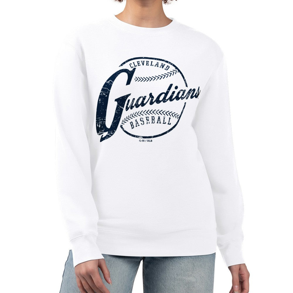 Cleveland Guardians G-III 4Her by Carl Banks Women's Distressed Baseball Team Fleece Pullover Sweatshirt - White