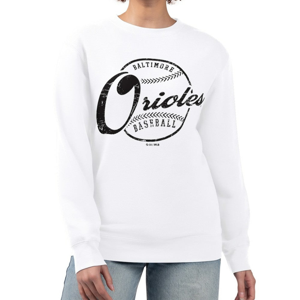 Baltimore Orioles G-III 4Her by Carl Banks Women's Distressed Baseball Team Fleece Pullover Sweatshirt - White