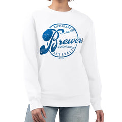 Milwaukee Brewers G-III 4Her by Carl Banks Women's Distressed Baseball Team Fleece Pullover Sweatshirt - White