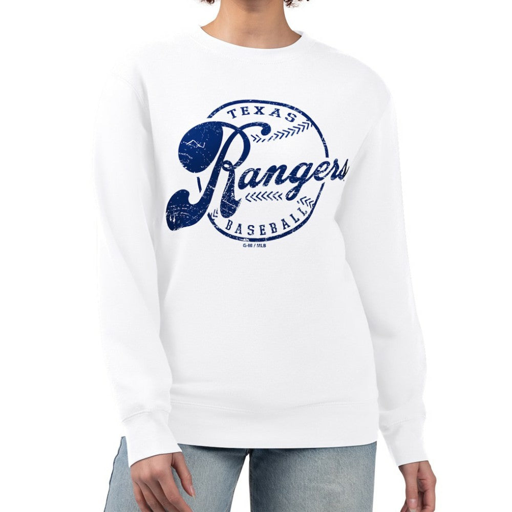 Texas Rangers G-III 4Her by Carl Banks Women's Distressed Baseball Team Fleece Pullover Sweatshirt - White