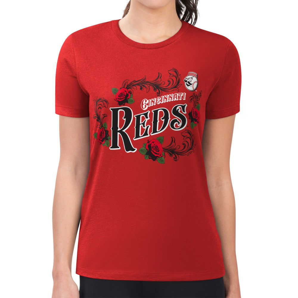 Cincinnati Reds G-III 4Her by Carl Banks Women's Super-Slim Fit Lightweight Retro Roses T-Shirt - Red
