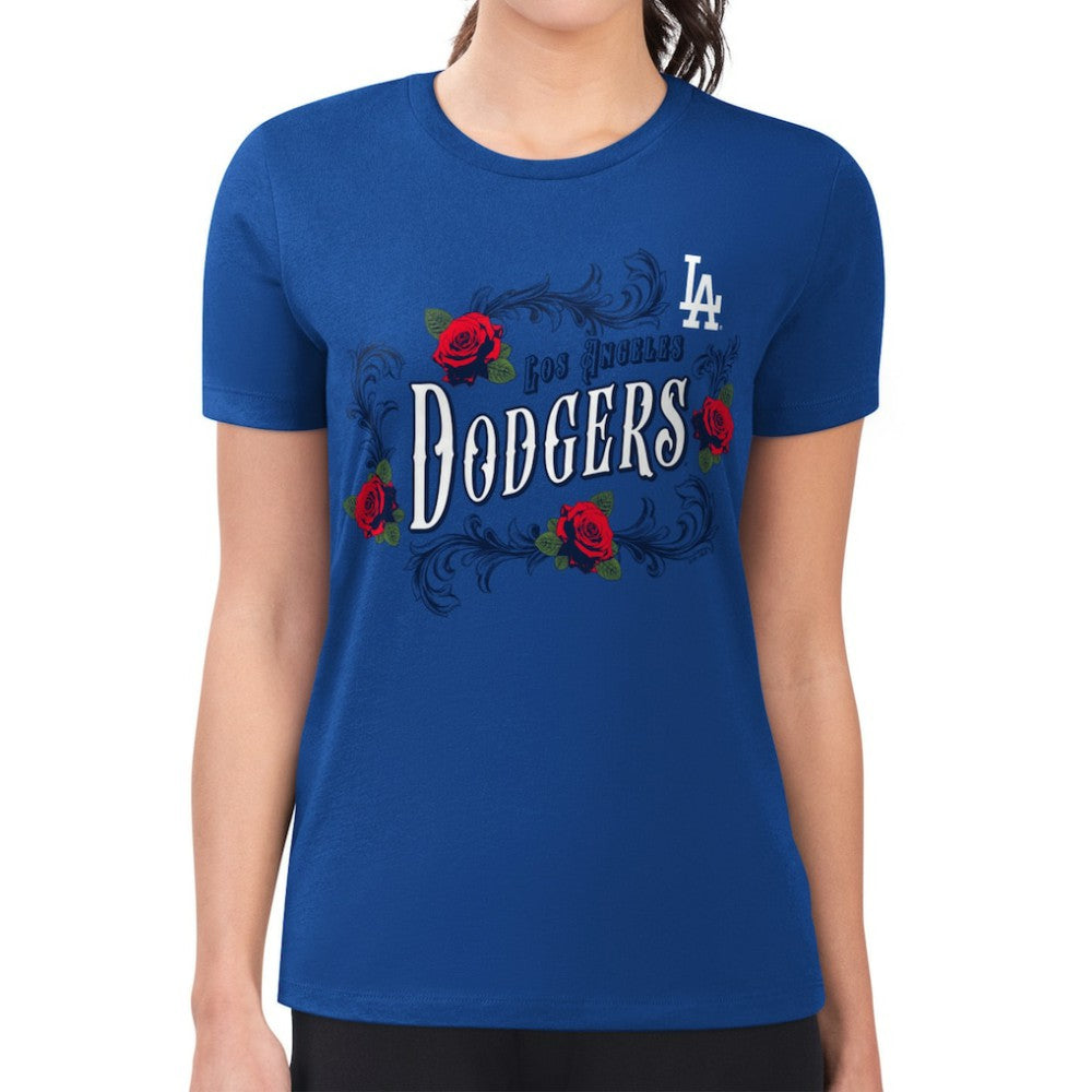 Los Angeles Dodgers G-III 4Her by Carl Banks Women's Super-Slim Fit Lightweight Retro Roses T-Shirt - Royal