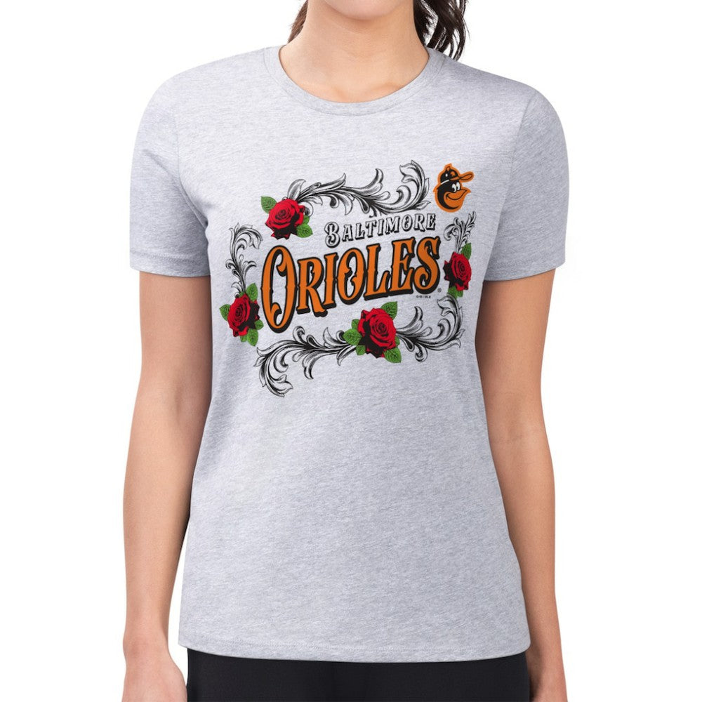 Baltimore Orioles G-III 4Her by Carl Banks Women's Super-Slim Fit Lightweight Retro Roses T-Shirt - Gray