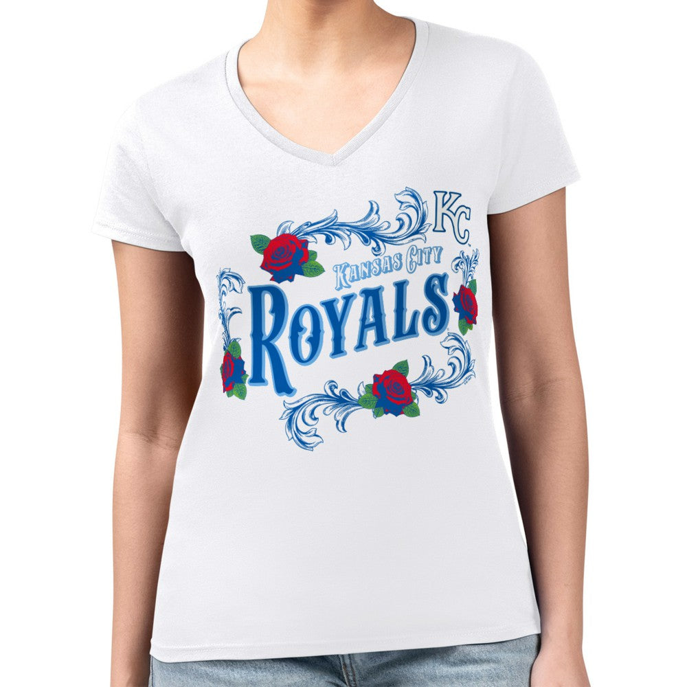 Kansas City Royals G-III 4Her by Carl Banks Women's Super-Slim Fit Lightweight Retro Roses V-Neck T-Shirt - White