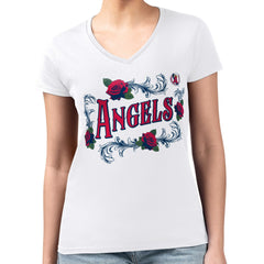 Los Angeles Angels G-III 4Her by Carl Banks Women's Super-Slim Fit Lightweight Retro Roses V-Neck T-Shirt - White
