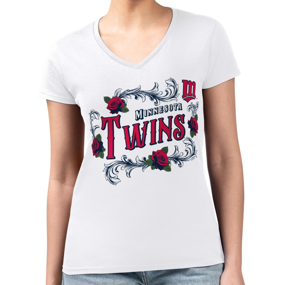 Minnesota Twins G-III 4Her by Carl Banks Women's Super-Slim Fit Lightweight Retro Roses V-Neck T-Shirt - White