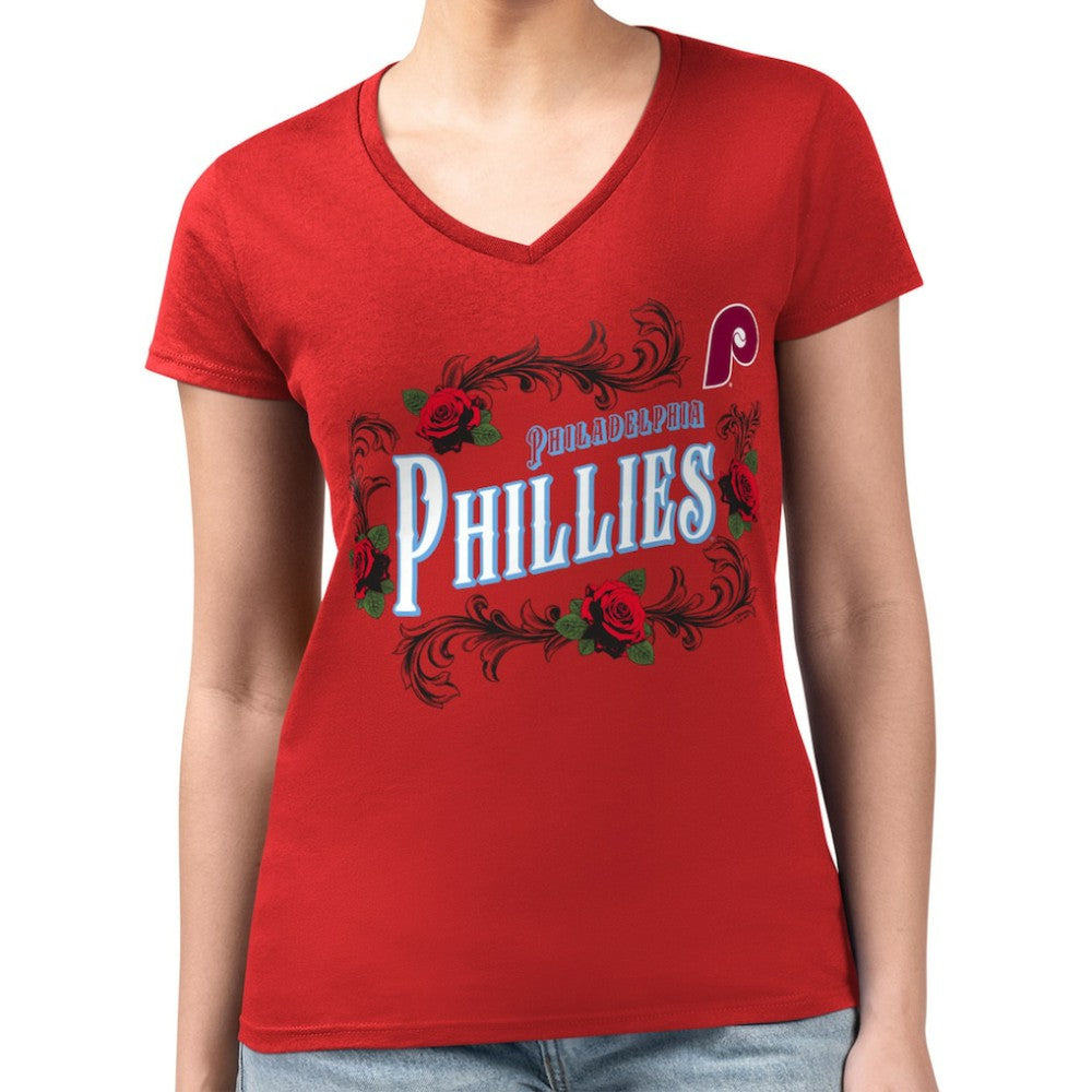 Philadelphia Phillies G-III 4Her by Carl Banks Women's Super-Slim Fit Lightweight Retro Roses V-Neck T-Shirt - Red