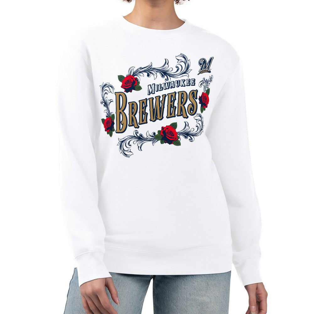 Milwaukee Brewers G-III 4Her by Carl Banks Women's Retro Roses Fleece Pullover Sweatshirt - White