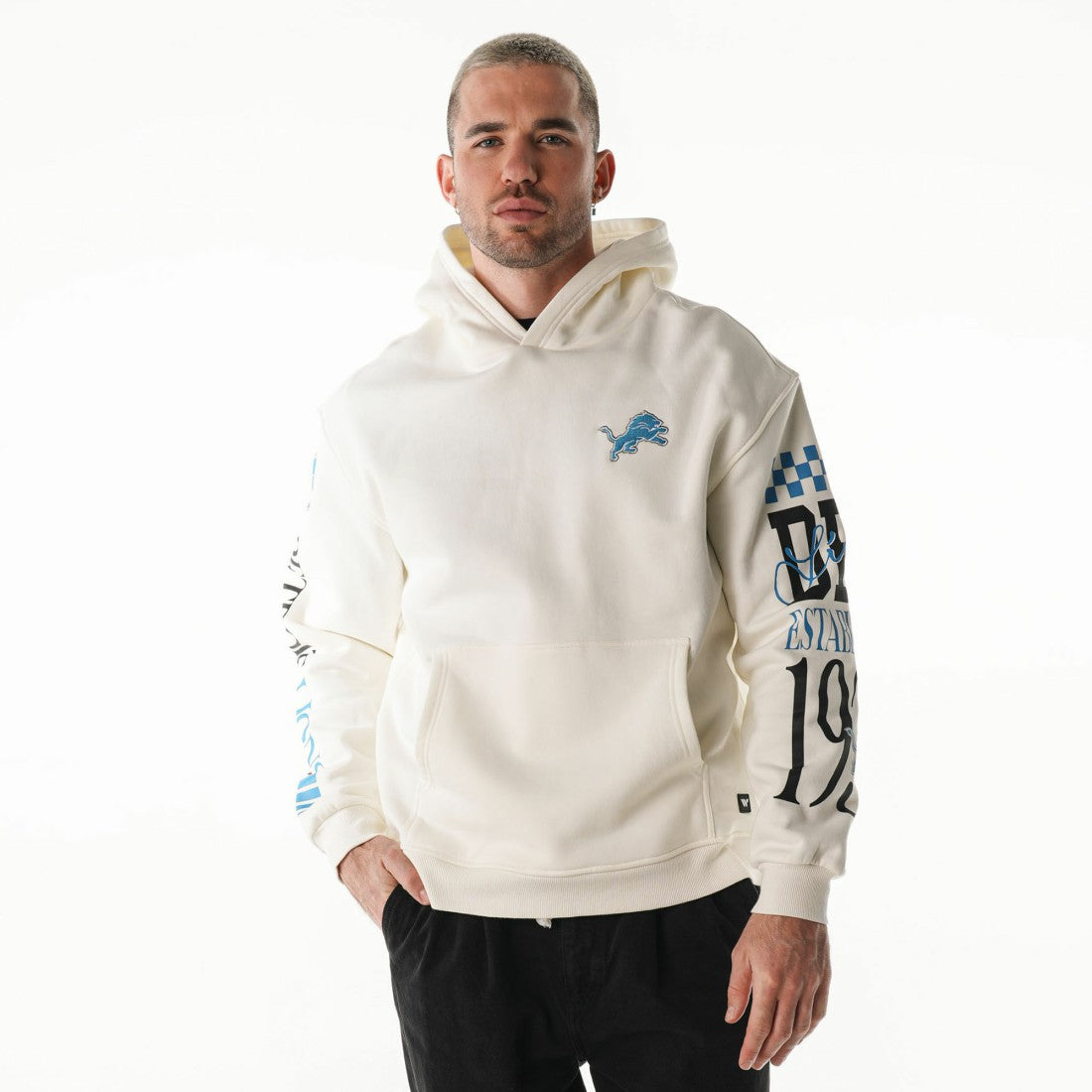 Detroit Lions The Wild Collective Unisex Stacked Graphic Sleeve Fleece Hoodie - Cream cheap