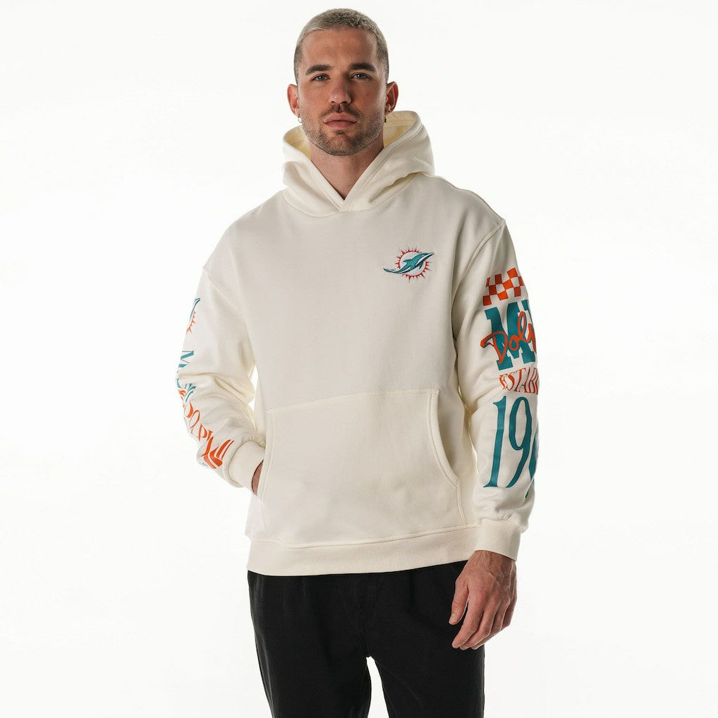 Miami Dolphins The Wild Collective Unisex Stacked Graphic Sleeve Fleece Hoodie - Cream for sale