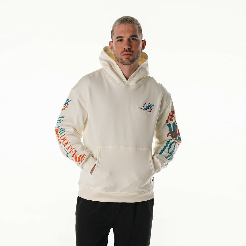Miami Dolphins The Wild Collective Unisex Stacked Graphic Sleeve Fleece Hoodie - Cream for sale