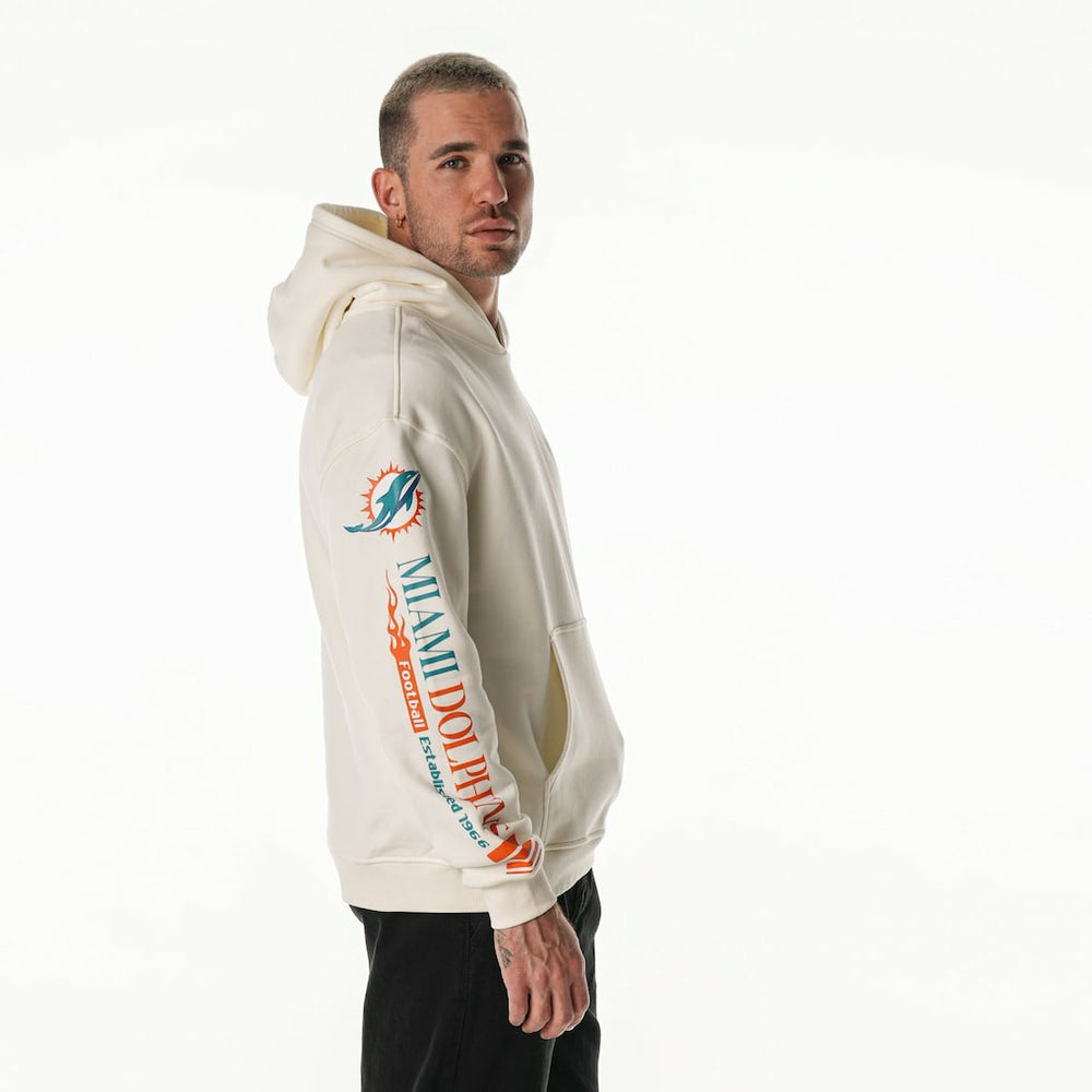 Miami Dolphins The Wild Collective Unisex Stacked Graphic Sleeve Fleece Hoodie - Cream for sale