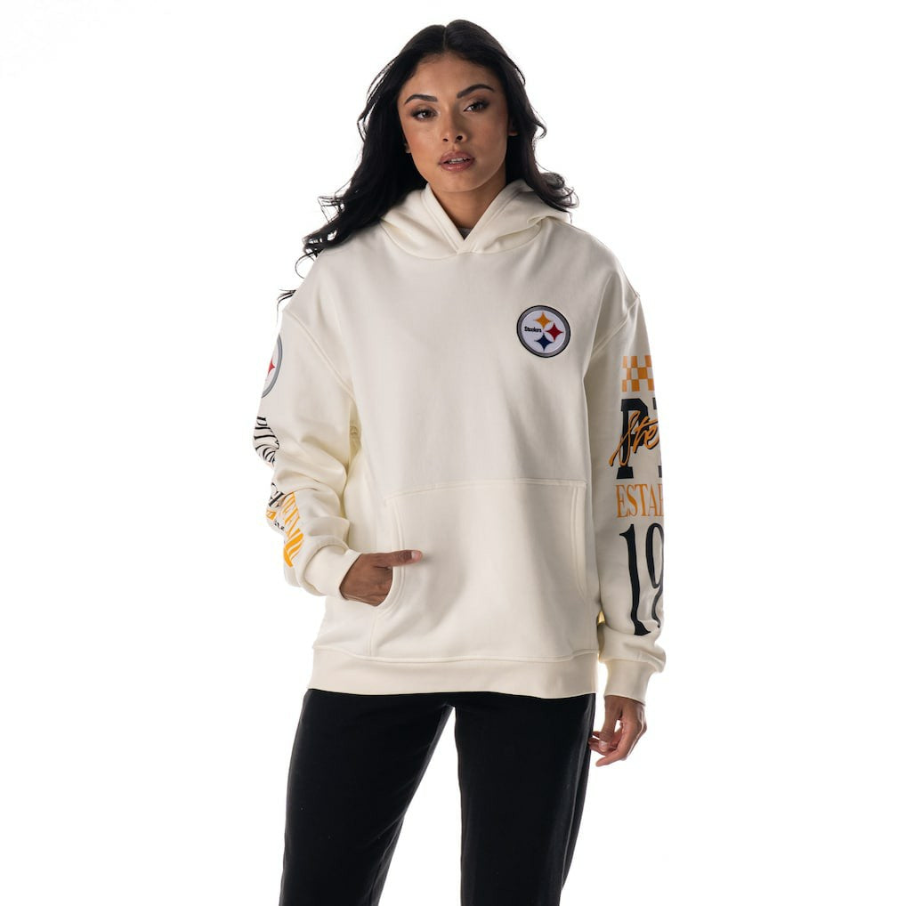 Pittsburgh Steelers The Wild Collective Unisex Stacked Graphic Sleeve Fleece Hoodie - Cream discount