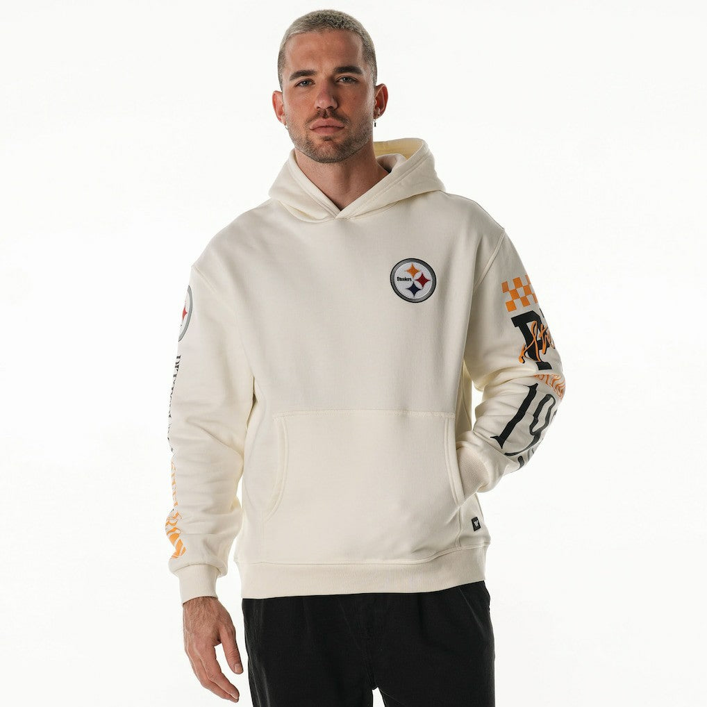 Pittsburgh Steelers The Wild Collective Unisex Stacked Graphic Sleeve Fleece Hoodie - Cream discount