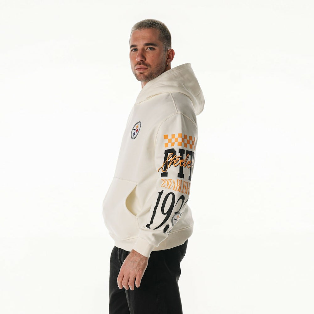 Pittsburgh Steelers The Wild Collective Unisex Stacked Graphic Sleeve Fleece Hoodie - Cream discount