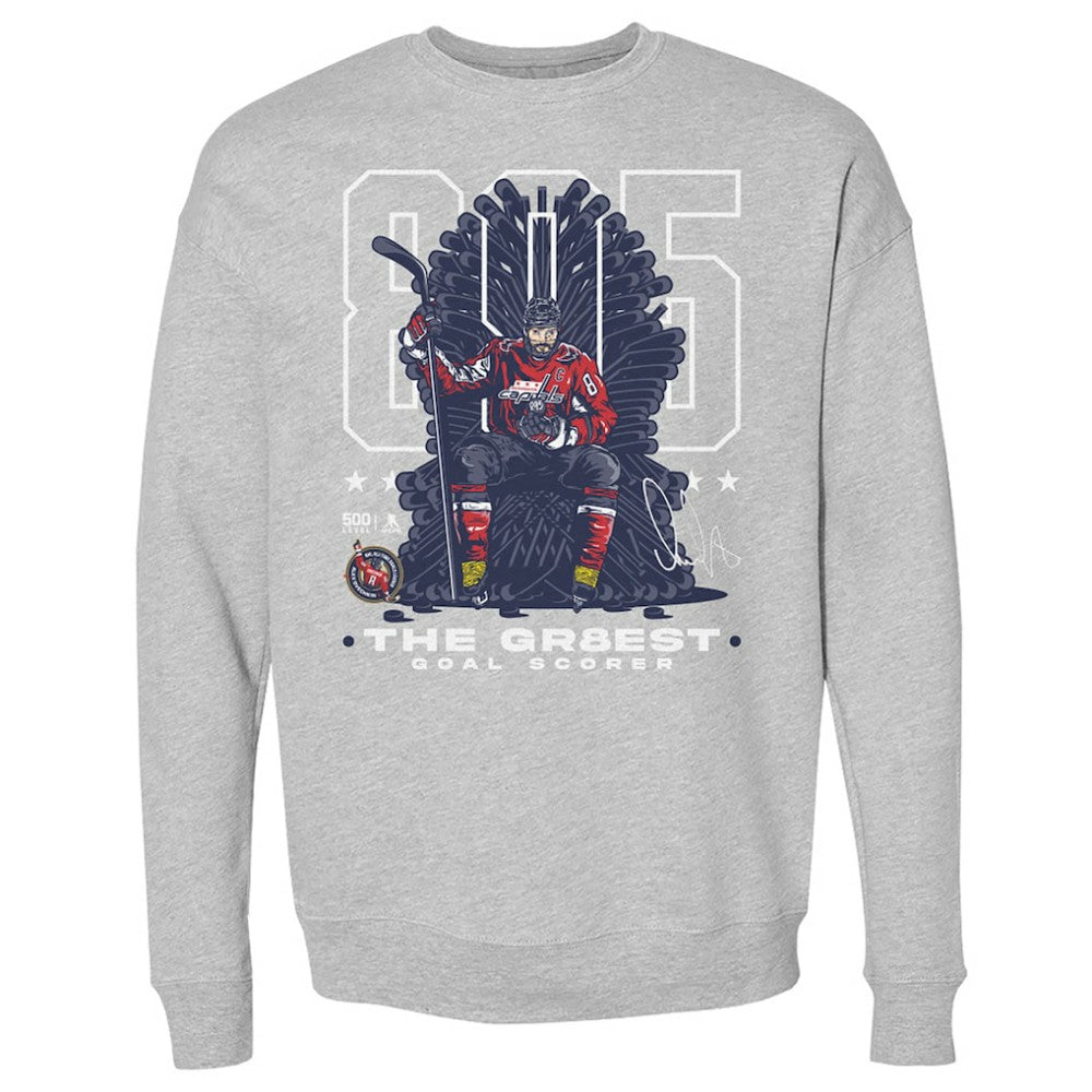 Alexander Ovechkin Washington Capitals 500 Level NHL All-Time Leading Goal Scorer Throne Pullover Sweatshirt Heather Gray
