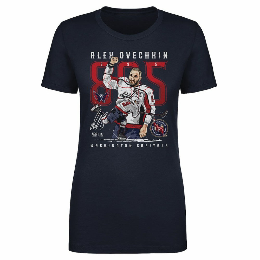 Alexander Ovechkin Washington Capitals 500 Level Women's NHL All-Time Leading Goal Scorer The Shot T-Shirt Navy