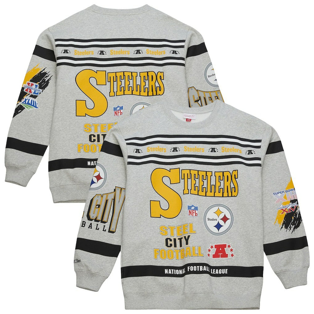 Pittsburgh Steelers All Over Print Vintage Fleece Crewneck Sweatshirt - Heather Gray on sale