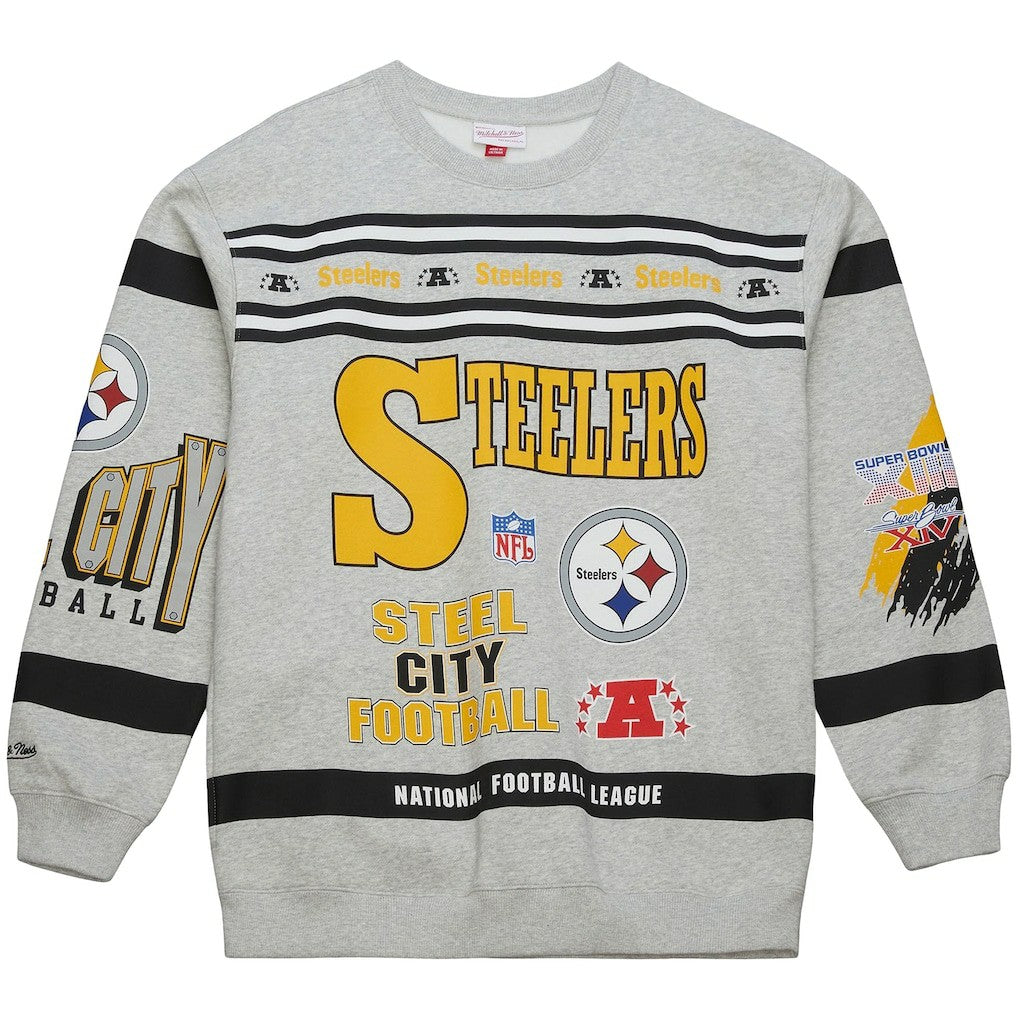 Pittsburgh Steelers All Over Print Vintage Fleece Crewneck Sweatshirt - Heather Gray on sale
