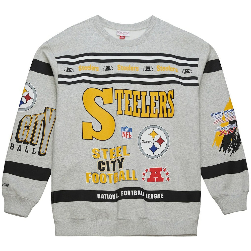 Pittsburgh Steelers All Over Print Vintage Fleece Crewneck Sweatshirt - Heather Gray on sale