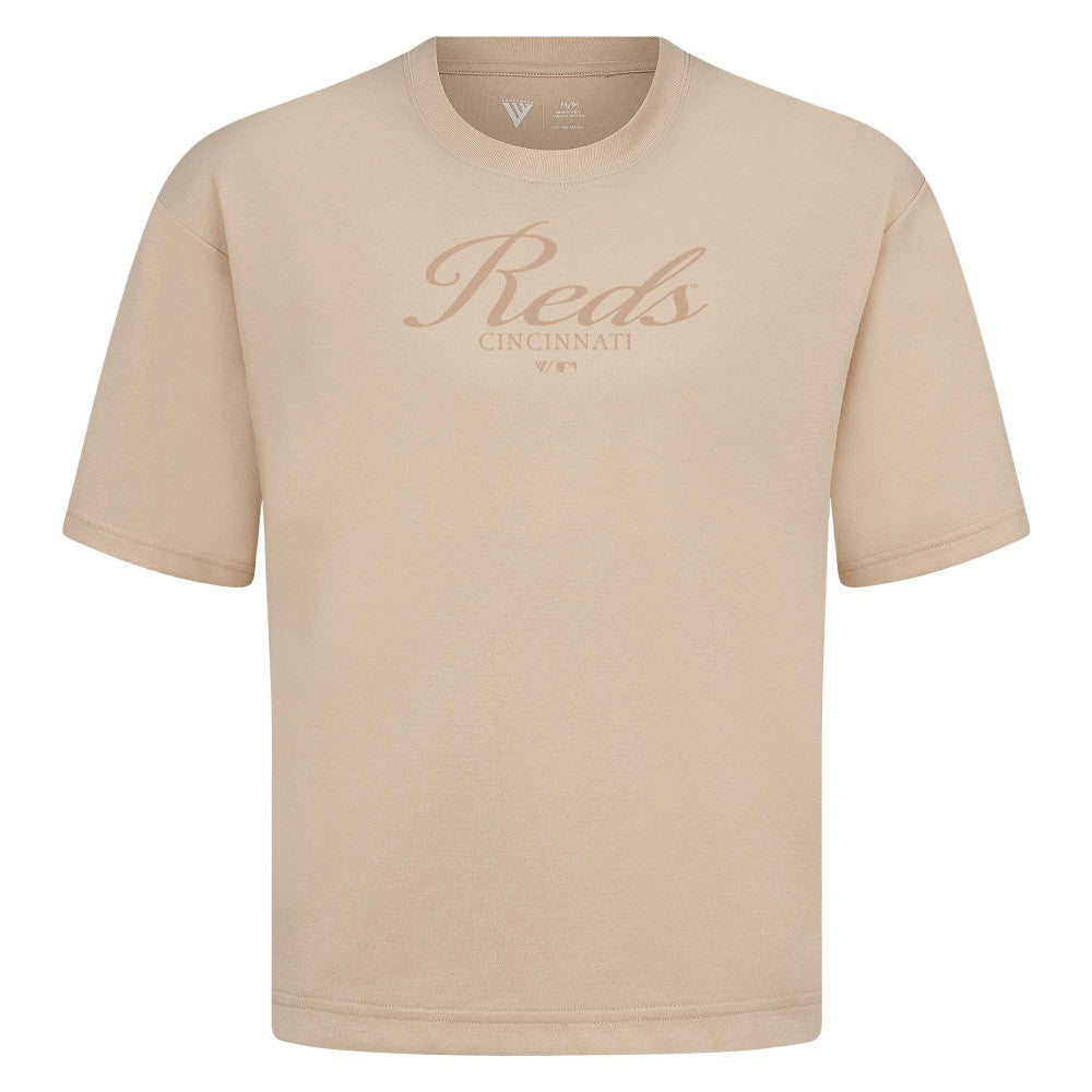 Cincinnati Reds Levelwear Ethereal Oversized Luxe Signature Knit T-Shirt - Khaki