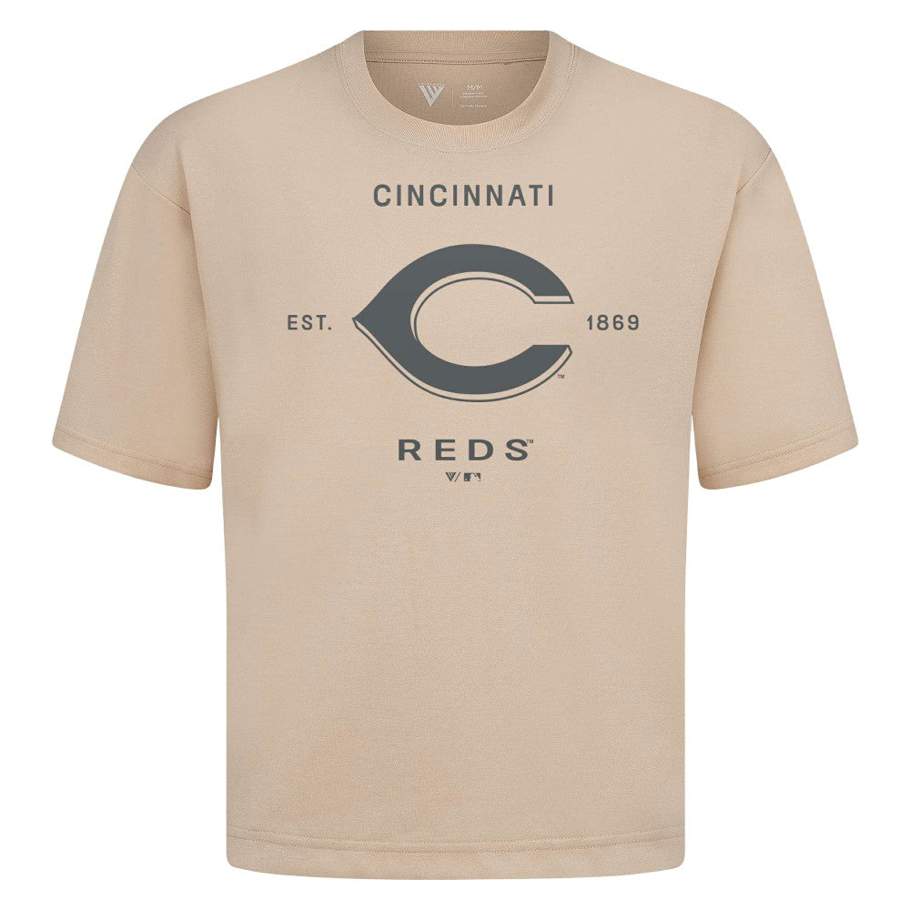 Cincinnati Reds Levelwear Crossway Oversized Luxe Signature Knit T-Shirt - Khaki
