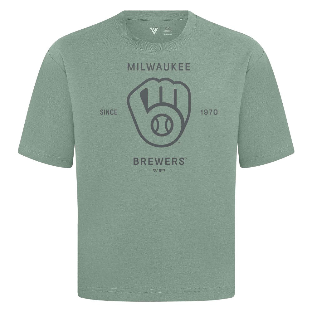 Milwaukee Brewers Levelwear Crossway Oversized Luxe Signature Knit T-Shirt - Green
