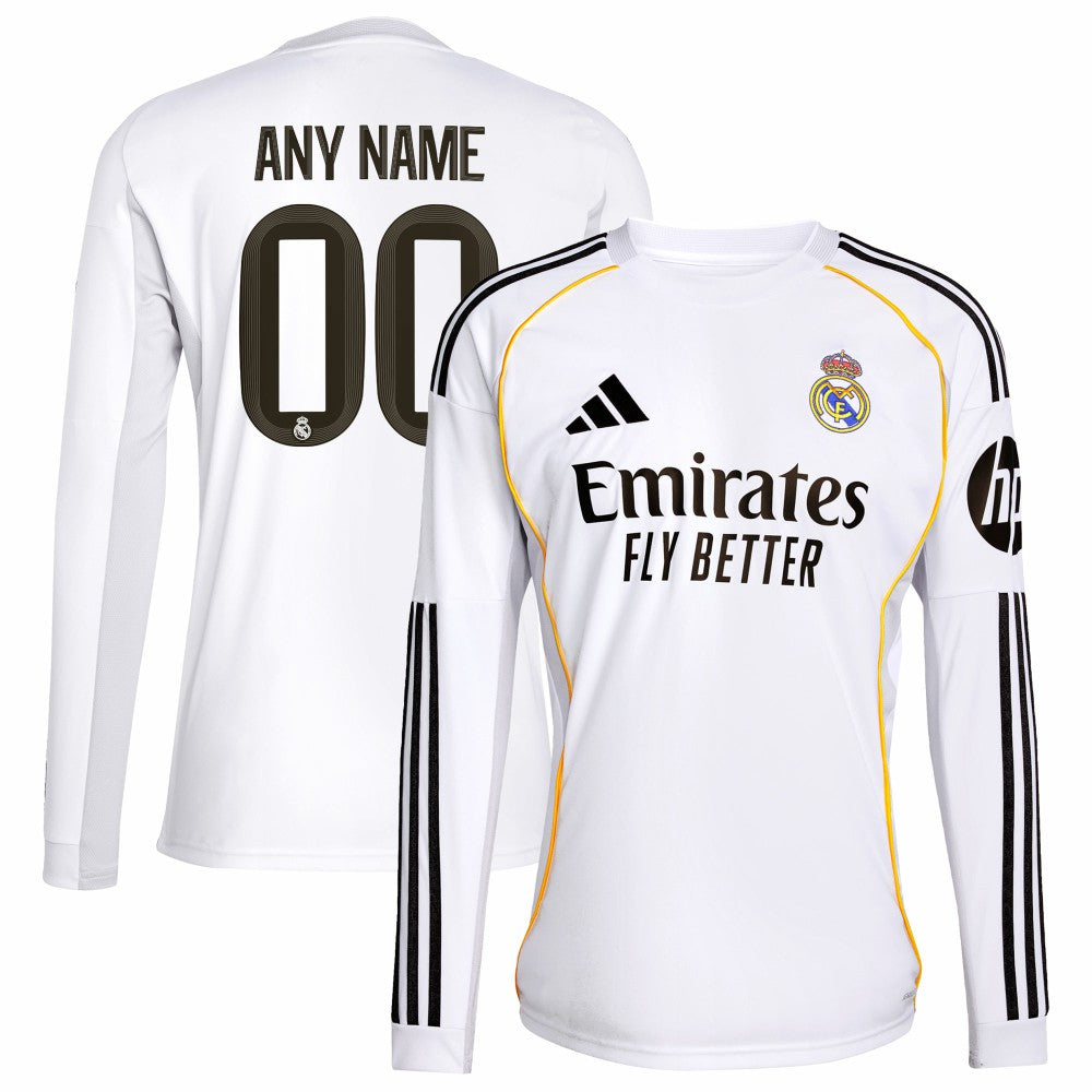 Real Madrid 2025/26 Home Replica Long Sleeve Custom Jersey - White | Adidas on sale