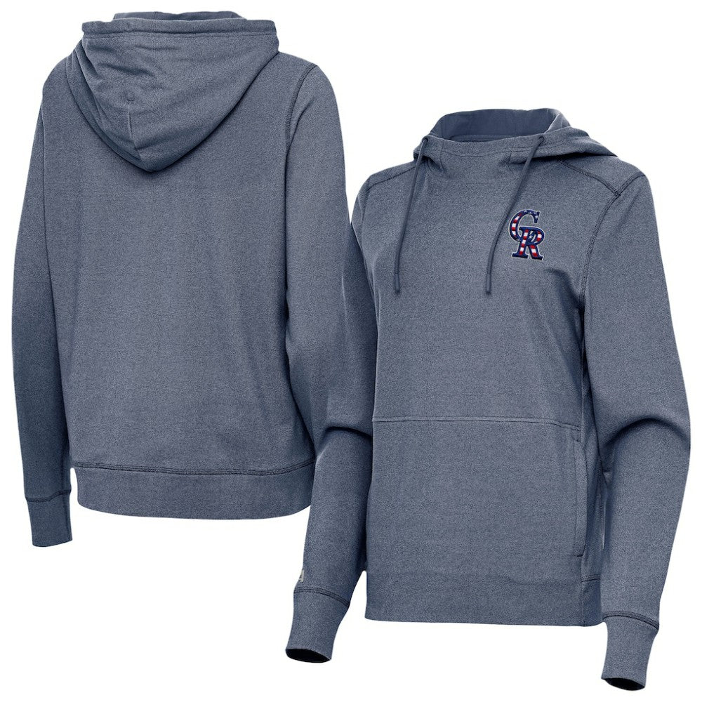 Colorado Rockies Antigua Women's Justice Stars and Stripes Team Logo Pullover Hoodie - Heather Navy
