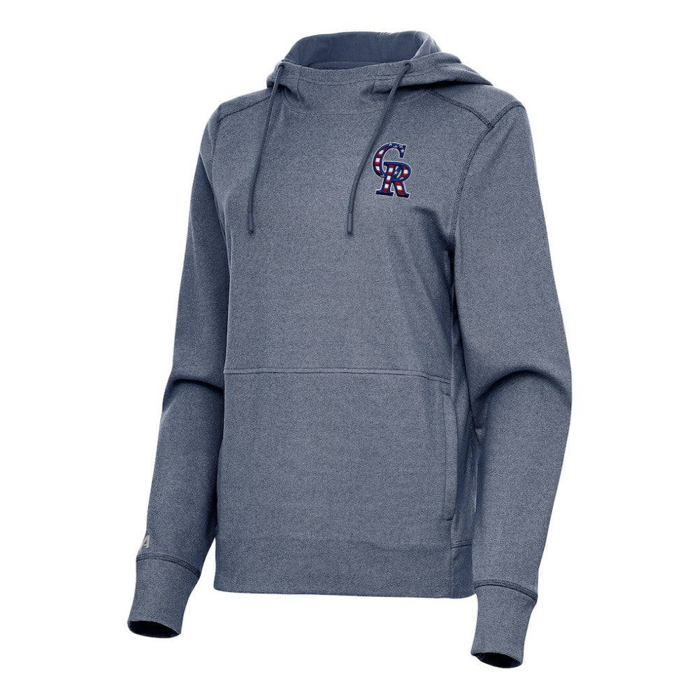 Colorado Rockies Antigua Women's Justice Stars and Stripes Team Logo Pullover Hoodie - Heather Navy