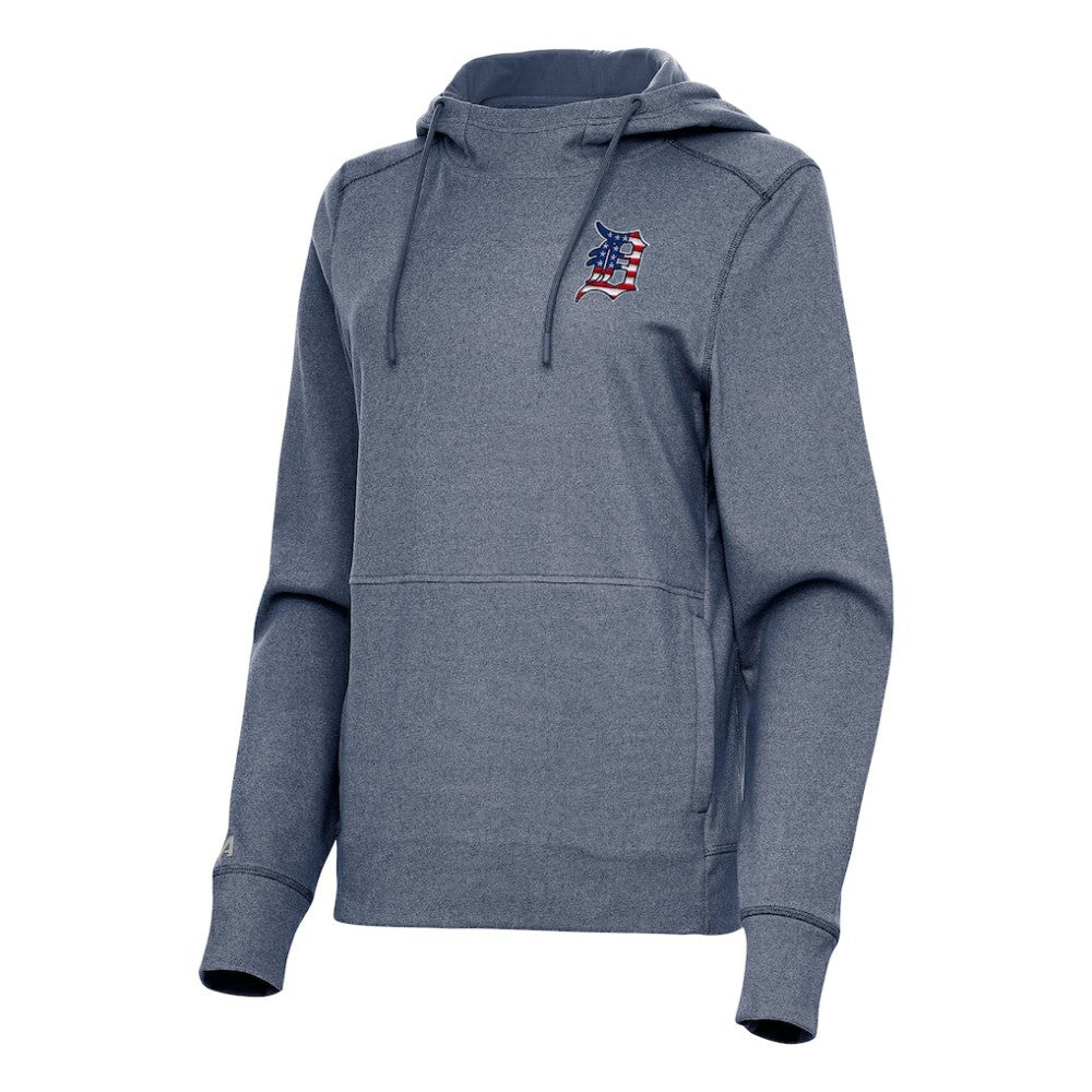 Detroit Tigers Antigua Women's Justice Stars and Stripes Team Logo Pullover Hoodie - Heather Navy