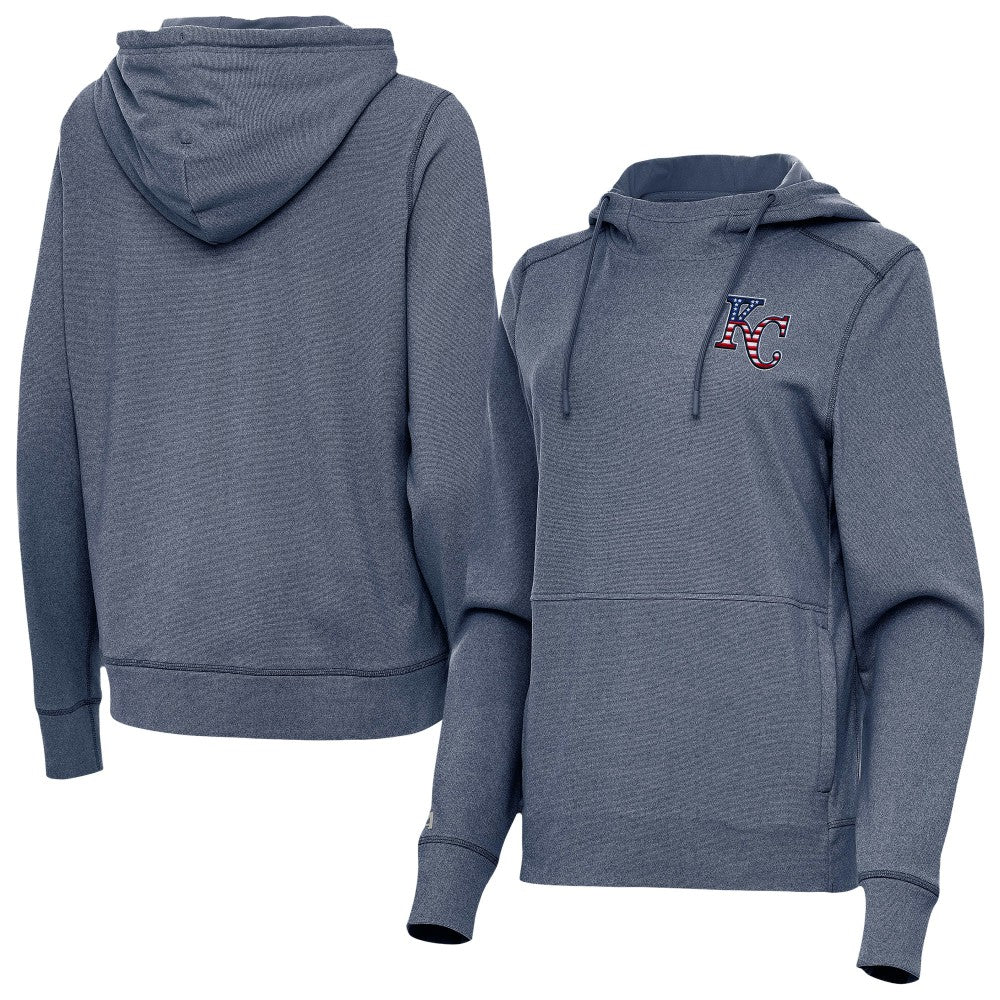 Kansas City Royals Antigua Women's Justice Stars and Stripes Team Logo Pullover Hoodie - Heather Navy