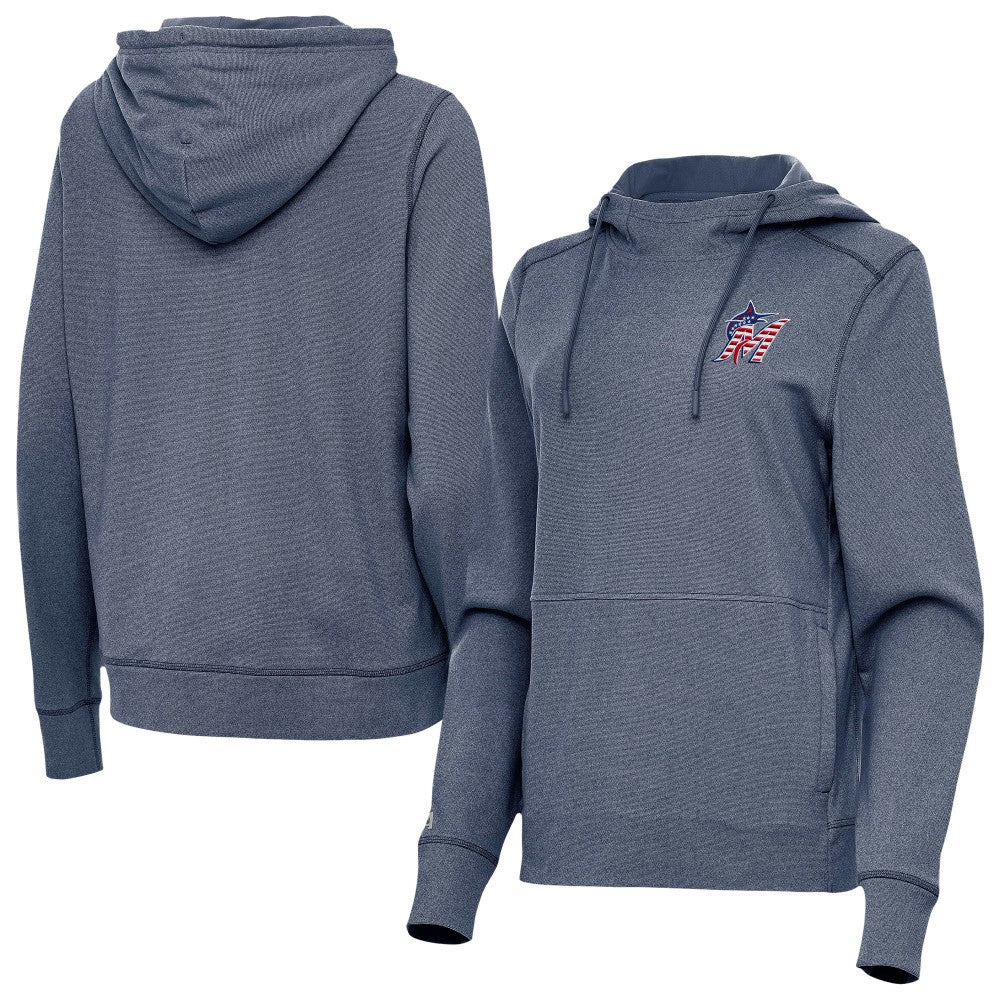 Miami Marlins Antigua Women's Justice Stars and Stripes Team Logo Pullover Hoodie - Heather Navy