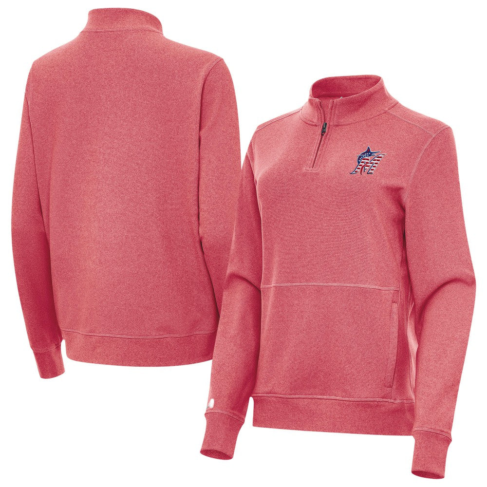 Miami Marlins Antigua Women's Crush Stars and Stripes Team Logo Quarter-Zip Pullover Top - Heather Red