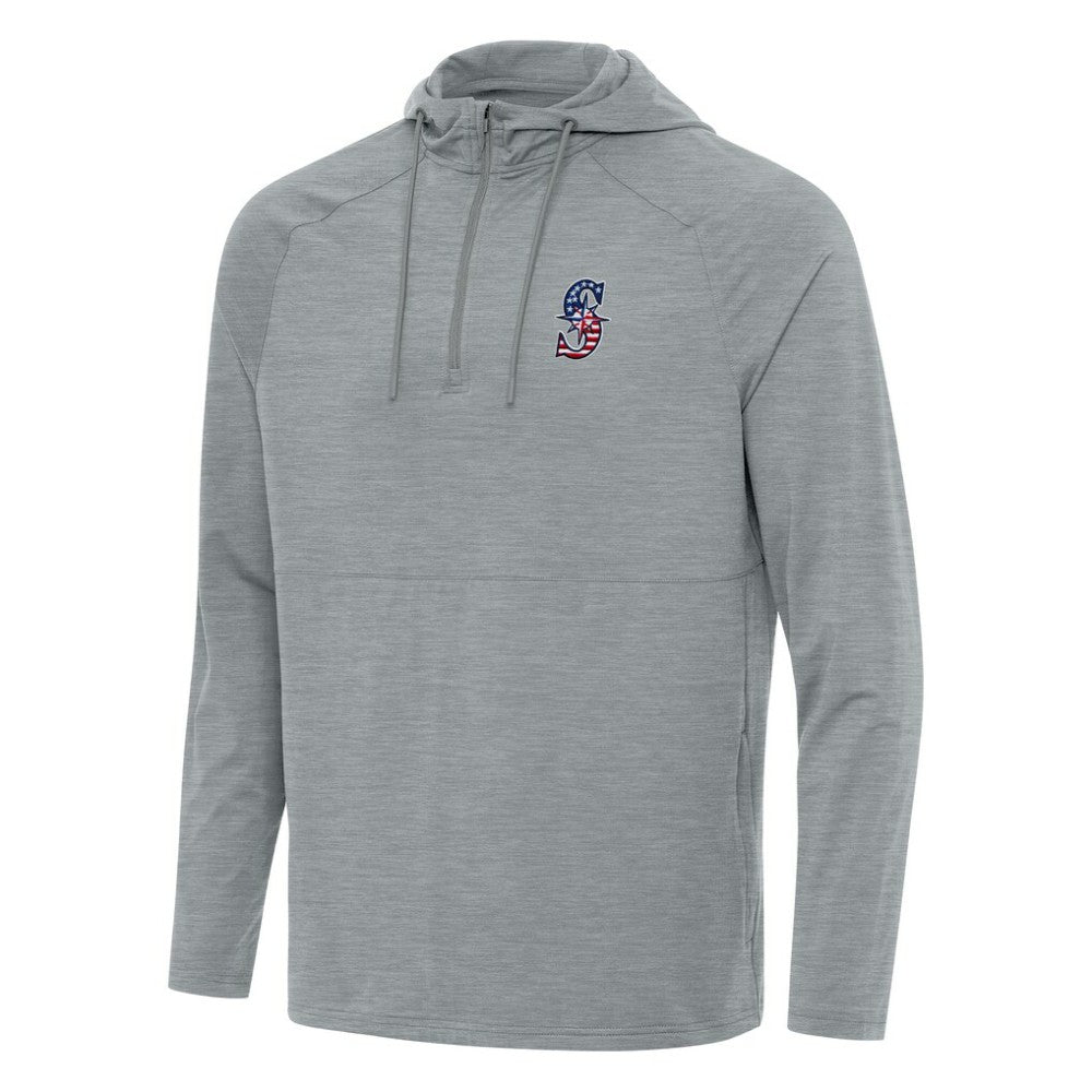 Seattle Mariners Antigua Spikes Stars and Stripes Team Logo Quarter-Zip Pullover Hoodie - Heather Gray