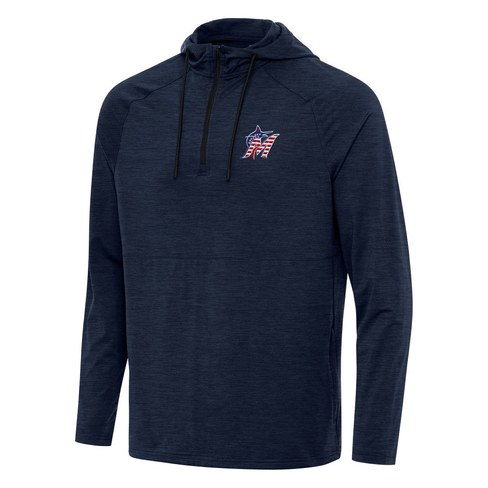 Miami Marlins Antigua Spikes Stars and Stripes Team Logo Quarter-Zip Pullover Hoodie - Heather Navy