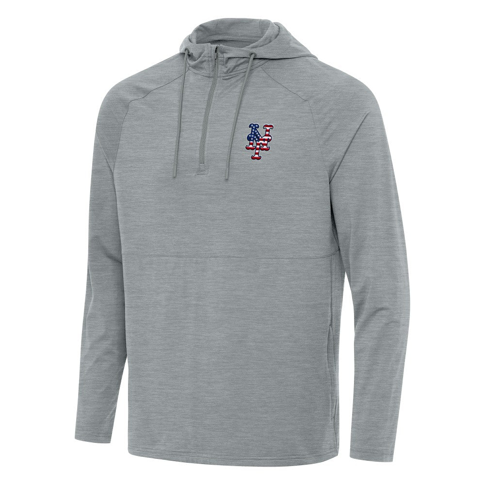 New York Mets Antigua Spikes Stars and Stripes Team Logo Quarter-Zip Pullover Hoodie - Heather Gray