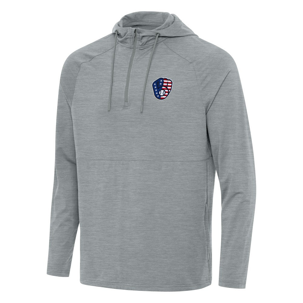 Milwaukee Brewers Antigua Spikes Stars and Stripes Team Logo Quarter-Zip Pullover Hoodie - Heather Gray