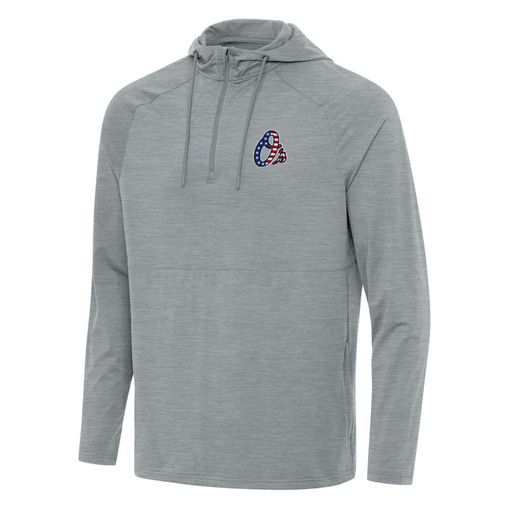 Baltimore Orioles Antigua Spikes Stars and Stripes Team Logo Quarter-Zip Pullover Hoodie - Heather Gray