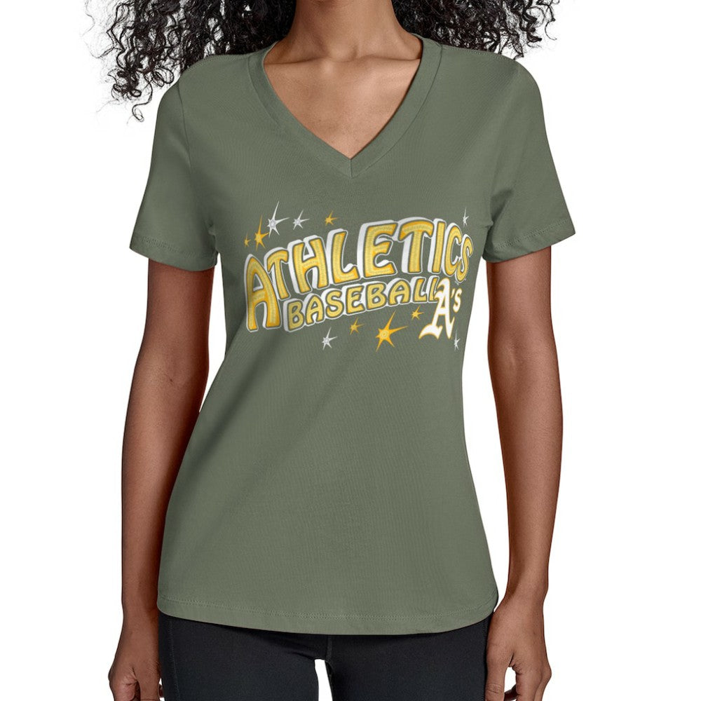 Athletics Starter Women's Fireworks Team Name V-Neck T-Shirt - Green