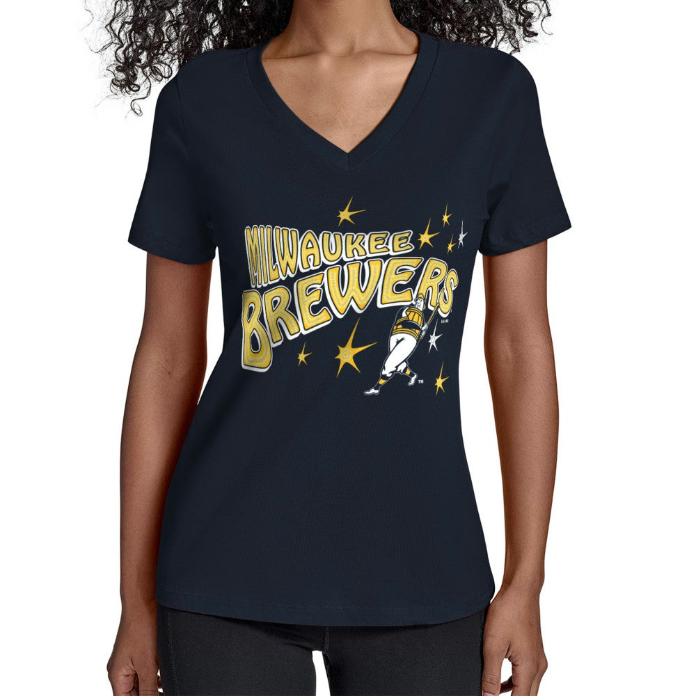 Milwaukee Brewers Starter Women's Fireworks V-Neck T-Shirt - Navy